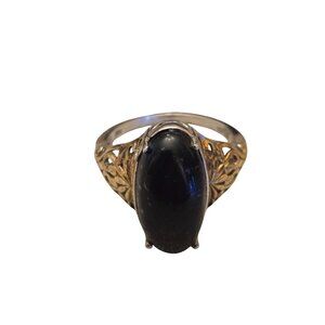 Vintage Sterling Silver Ring With Gold Filigree Mixed Metal Black Oval Cabochon